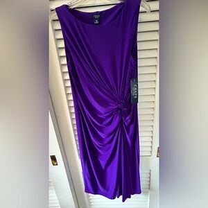 NWT CHAPS PURPLE RUCHED DRESS WITH FLOWER ACCENTS SIZE L